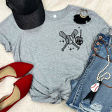 Baseball Skeleton DTF Heat Transfer, product featuring a skeleton baseball figure with crossed bats on a gray t-shirt.