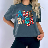 America Retro DTF Heat Transfer, colorful American flag-themed design on a dark gray T-shirt.