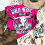 Wild West Cowboys Screen Print Heat Transfer on pink fabric, featuring a cow skull and desert cactus design.
