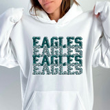 Eagles Faux Glitter DTF Heat Transfer, glitter eagle logo text design on white hoodie.
