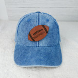 Personalized Leather Football Patch, blue baseball cap with football themed patch embroidered with the word 'Panthers' on front.