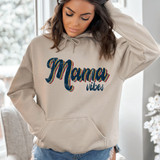 Mama Vibes Distressed DTF Heat Transfer, beige hoodie with 'Mama vibes' graphic design in distressed style.