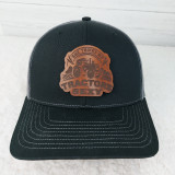 She Thinks My Tractor's Sexy Leather Patch Baseball Cap, black cap with a leather patch featuring a tractor and the text