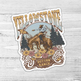 Yellowstone Vintage Die Cut Sticker, illustration of a cowboy riding a horse in front of mountains and pine trees with floral accents, featuring the text 'Yellowstone' and 'Dutton Ranch'.