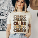 Combs Bullhead DTF Heat Transfer, woman wearing a graphic t-shirt with a bull skull and leopard print text design.