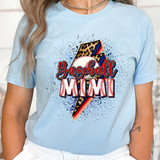 Baseball Mimi Lightning Bolt DTF Heat Transfer, colorful graphic design with a lightning bolt, leopard print, and baseball theme on a light blue t-shirt.