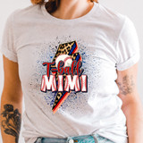 T-ball Mimi Lightening Bolt DTF Heat Transfer, colorful design featuring a lightning bolt with leopard print, baseball, and vibrant text for sports-themed apparel.
