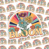 Bloom Sticker Sheet, colorful floral sticker featuring daisies and other flowers with the word 'BLOOM' in bold, vintage style.