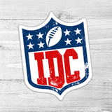 IDC Football Die Cut Sticker, round-edged football emblem with stars and distressed team logo design.
