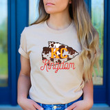 KC DTF Heat Transfer, personalized t-shirt with cow print arrow and 'KC Rırgdam' design.