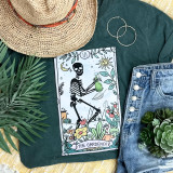The Gardener Screen Print Heat Transfer, colorful skeleton gardener printing with plants and celestial symbols.