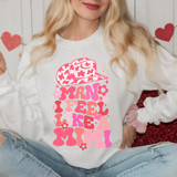 Man I Feel Like A Mimi DTF Heat Transfer, white sweatshirt with pink and purple graphic design featuring a leopard-print hat and the text 'Man I Feel Like A Mimi' in a playful font.