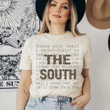The South BROWN DTF Heat Transfer, a woman wearing a t-shirt with text design and a large black hat.