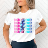 Mom Of Both Leopard Lightning Bolt DTF Heat Transfer, colorful design on white t-shirt featuring pink and blue text with leopard print lightning bolt.