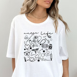 Nurse Life DTF Heat Transfer, white T-shirt with medical-themed black line art design including stethoscope, syringe, heart, syringe, mask, and pills.