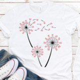 Dandelion Pigs Sublimation Transfer, white t-shirt with a dandelion design featuring pink piglets instead of seeds.
