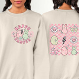 Happy Easter Retro Egg and Bunny DTF Heat Transfer, Easter-themed graphic design with pastel colors, featuring Easter eggs, bunny, flowers, and sparkles on a cream sweatshirt.