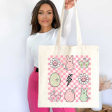 Checkered Retro Easter DTF Heat Transfer, colorful Easter-themed motifs on a tote bag with pink checkered background.