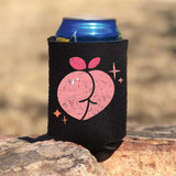 Peach Booty Distressed DTF Heat Transfer, pink peach shape with a booty design on a black can cooler.