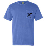 Coal Miner Skull Pocket Black Sublimation Transfer, blue T-shirt with a small chest pocket featuring a black skull miner graphic holding a pickaxe and shovel.