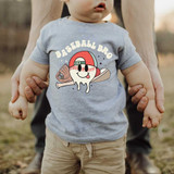 Baseball Bro Retro DTF Heat Transfer, a colorful cartoon design of a smiling baseball with a face, cap, baseball bat, and glove, printed on a child's t-shirt.