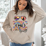 School's Out Forever DTF Heat Transfer, colorful and tropical-themed sunglasses and text design on a beige hoodie.