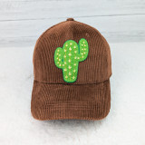 Chenille Cactus Embroidered Patch, green cactus embroidery patch sewn onto a brown corduroy baseball cap.