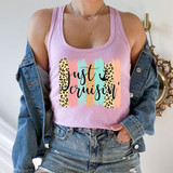 Just Crusin' DTF Heat Transfer, woman wearing a pink tank top with colorful and leopard print design with the text 'Just Cruisin'.
