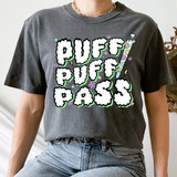 Puff Puff Pass DTF Heat Transfer, colorful puff puff illustrations and vibrant text on a black t-shirt.
