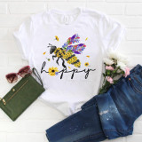 Be Happy Bee Happy Sublimation Transfer, white T-shirt with a bee and floral design and the word 'happy' printed on it.