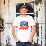 Ameri Can DTF Heat Transfer, T-shirt with American flag design of soda cans and 'Ameri Can' text.