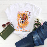 Orange Ribbon Leukemia Awareness Wolf Watercolor Sublimation Transfer T-Shirt, featuring a watercolor-style wolf with a butterfly and ribbon design, supporting leukemia awareness and fighting like a warrior.