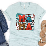 Leopard Baseball Mama DTF Heat Transfer, colorful T-shirt with MAMA letters featuring animal print and baseballs, designed for moms who love baseball.