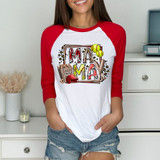 Softball Mama DTF Heat Transfer, colorful graphic design with baseballs, peanuts, and softball equipment on a women's baseball-themed raglan shirt.
