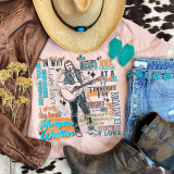Morgan New Songs Screen Print Heat Transfer, a graphic t-shirt design featuring a person playing guitar surrounded by colorful text and decorative elements.
