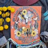 Beautiful Crazy Screen Print Heat Transfer, colorful Western-themed design featuring sunflowers, cacti, and a cow skull with butterflies and cowboys, ideal for clothing decoration.