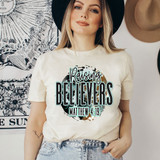 Raising Believers DTF Heat Transfer, woman wearing a T-shirt with a Christian Bible verse design.