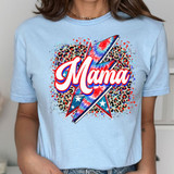 Mama Merica Lightning Bolt DTF Heat Transfer, graphic t-shirt with patriotic design featuring a lightning bolt, star, and leopard print background.