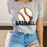 Baseball Heart DTF Heat Transfer, image of a person wearing a grey T-shirt with a baseball graphic and the word 'Baseball' printed below in black, red heart detail, suitable for customizing sports apparel.