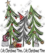 Oh Christmas Tree Sublimation Transfer, colorful illustrated Christmas tree with ornaments, presents, gnomes, and a red and white Christmas hat.