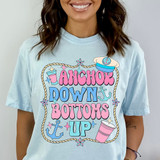 Anchor Down Bottoms Up DTF Heat Transfer, colorful nautical-themed design on a white t-shirt featuring anchors, sailor hat, drinks, and decorative stars and rope.