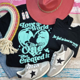 God So Loved The World PUFF Back & Front SET Screen Print Heat Transfer, featuring black T-shirts with Bible verse and globe heart designs, white sneakers with star embellishments, a pink hat with chain, colorful rope necklaces, and patterned earrings.