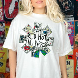 Band Tee RHCP DTF Heat Transfer, white t-shirt with colorful graphic design featuring the Red Hot Chili Peppers logo and artwork.