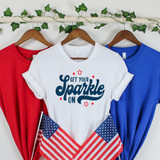 Get Your Sparkle On DTF Heat Transfer, graphic design on a white T-shirt featuring patriotic red, white, and blue theme with red star accents.