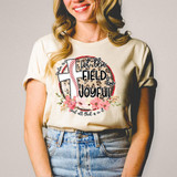 Let The Field Be Joyful Baseball DTF Heat Transfer, a colorful floral and leopard print design on a cream-colored t-shirt.