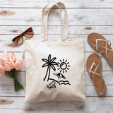 Minimalist Beach DTF Heat Transfer, black beach scene cartoon on a tote bag with an ocean, palm tree, sun, umbrella, and lounge chair, suitable for summer and beach-themed fashion.