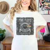 Band Tee PF Sublimation Transfer, close-up of a woman wearing a white T-shirt with a Pink Floyd graphic design featuring the band's name, album art, tour dates, and a rainbow-colored prism.