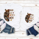 Tiger Remember Who You Are Sublimation Transfer, graphic T-shirts with tiger face and inspirational quote design.