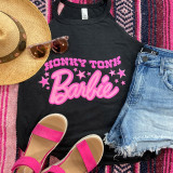 Honkey Tonk Doll PUFF Screen Print Heat Transfer, pink and purple lettering and stars on black t-shirt.