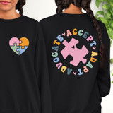 Accept Adapt Advocate DTF Heat Transfer, heart and puzzle piece design on black sweatshirts worn by two women showing front and back views.